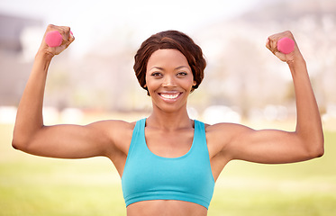 Image showing Weights, fitness and portrait of black woman flex in park for exercise, body builder training and workout. Sports, happy and female athlete smile for weightlifting, healthy lifestyle or strong muscle