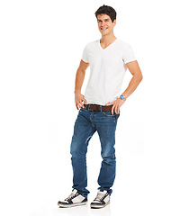 Image showing Portrait, beauty and man with a smile, casual outfit and confident guy isolated against a white studio background. Face, male person and model with full body, happiness and trendy clothes on backdrop