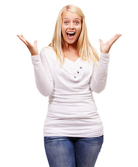 Image showing Excited, wow and woman portrait with good news announcement and surprise in a studio. Isolated, female person and white background with happiness and smile from shock feeling surprised and stylish