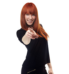 Image showing Portrait, choice and pointing with a ginger woman in studio isolated on a white background for motivation. Smile, accountability and hand gesture with a happy young female person making a decision