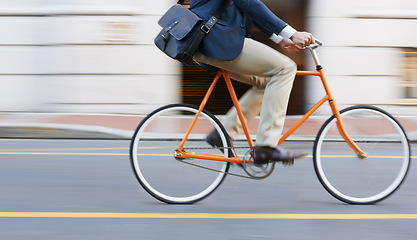 Image showing Bicycle, travel and legs of business man in a road riding to work or appointment in n a street. Carbon footprint, cycling and shoes of male on bike traveling in a city on eco friendly transportation