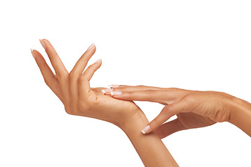 Image showing Smooth, moisturized and touching hands for skincare isolated on a white background in a studio. Soft, glow and a woman feeling a hand after a manicure or beauty treatment for wellness of skin