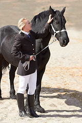 Image showing Horse rider, trainer and woman on equestrian training and competition ground with a pet. Outdoor, female competitor and show horses stable with a girl stroking an animal before riding with helmet