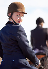 Image showing Equestrian, rider and portrait of woman on horse for competition, training and show. Performance, riding and fitness with female jockey on stallion for animal, athlete and contest event