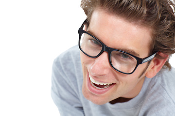 Image showing Young happy man, face and portrait smile with glasses laughing against a white studio background. Closeup of handsome male model smiling or laugh with teeth or spectacles in nerd, funny or geek style