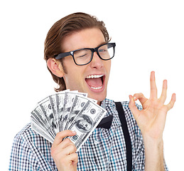 Image showing Ok sign, wink and man with dollars or money in studio isolated on a white background. Winner, okay hand and person with cash after lottery, competition or bonus prize, cashback and financial freedom.