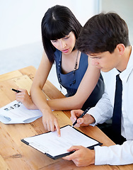 Image showing Business, man and woman with documents, talking or planning with information, details or share ideas. Staff, male employee or confident female consultant with paperwork, conversation or brainstorming