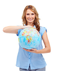 Image showing Smile, portrait and woman with a globe in a studio for global maps, geography or earth day. Happy, education and female teacher with a world planet 3d model for a lesson isolated by white background.