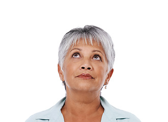 Image showing Isolated, senior woman and thinking on question or looking up, mental health and studio white background. Elderly lady face, dreaming and concerned for future, retirement or idea, curious and mockup