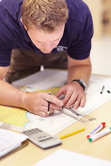 Image showing Map, man working and sea marine investigation with a drawing and ruler on a table. Sailing strategy, rescue and boat worker with navigation paperwork with lifeguard planning and distance calculation