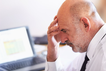 Image showing Mature, business man and stress in a office from computer market crash and investment loss. Ceo, anxiety and burnout with headache from thinking and laptop problem from trading and stocks fail