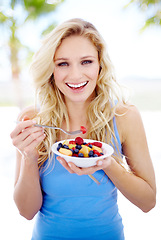 Image showing Woman, portrait smile and fruit bowl for healthy eating, nutrition or fiber in dieting outdoors. Happy female person smiling in happiness for breakfast diet, organic meal or natural food in nature