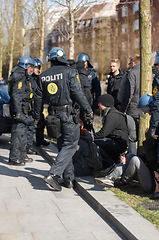 Image showing Police men, strike and security in the city of Norway for street safety, service or law enforcement. Group of government politi officers doing their job in a urban town for crime, justice or riot