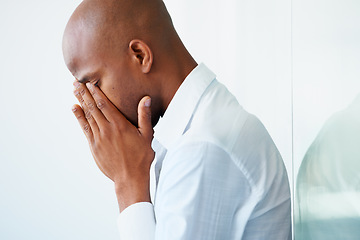 Image showing Business, depression and black man crying in office, problem or stress on mockup. Sad, depressed and male professional with fatigue, tired or burnout, anxiety or mental health after fail in workplace