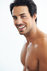 Image showing Portrait, skincare and man with dermatology, smile and grooming routine against a white studio background. Face, male person or happy model with happiness, salon treatment and luxury with muscle