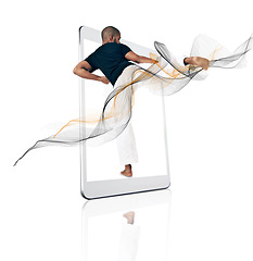 Image showing Karate, mobile app and man with routine, exercise and technology isolated against white studio background. Male person, athlete or guy with fitness, training and motivation with smartphone and cardio