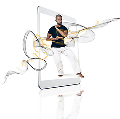 Image showing Karate, tablet and training website, online app or class on technology, smartphone or cell and martial arts, man or social media. Screen, esport or internet service or mobile, student or learning