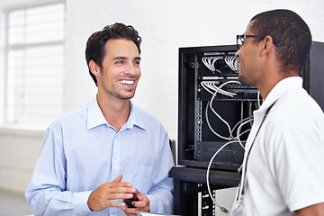 Image showing Server room, it support and maintenance with a technician talking to a business man about cyber security. Network, database and consulting with an engineer chatting about information technology