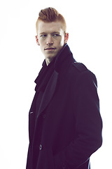 Image showing Fashion, thinking and a man in a coat for winter isolated on a white background in a studio. Vintage, young and a confident handsome model with ideas, plan and in clothes for heat in bad weather