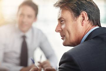 Image showing Business, man and staff in a meeting, planning and decision for development, growth and opportunity. Male person, employee or leader with teamwork, group or brainstorming for startup success and talk