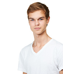 Image showing Fashion, style and portrait of man in studio with confidence, attractive and pride on white background. Youth, confident and face of isolated handsome young male person with trendy casual clothes