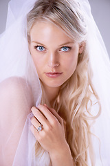 Image showing Portrait, beautiful bride and a wedding dress or woman in a lace veil and newlywed with diamond ring on finger. Face, bridal gown, makeup and hairstyle or jewellery for marriage and celebration