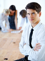 Image showing Portrait, serious and business man with arms crossed in office with pride for career or job. Professional, confidence and male entrepreneur, executive or manager with success mindset in workplace.