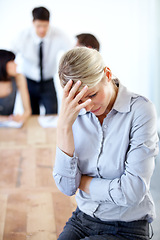 Image showing Business, stress and woman with a headache, burnout and anxiety with a deadline, schedule and new project. Female person, employee and consultant with a migraine, anxious and overworked at the office