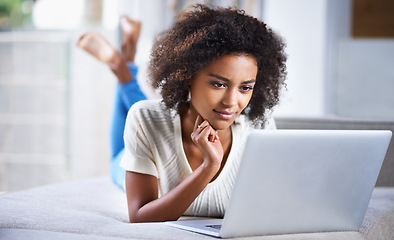 Image showing Thinking, connection and woman with a laptop, online reading and ideas with social media at home. Female person, lady and model with technology, thoughts and search website with wonder and email