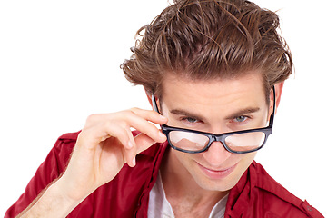 Image showing Face, closeup portrait of man with glasses and in a studio or white background. Positive attitude, cool and isolated male fashion model removing spectacles with confident and flirty smirk.