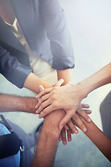 Image showing Top view, hands and group of business people for support, solidarity and teamwork of success, agreement and trust. Hand, stack and cooperation of collaboration, mission and winning partnership goals