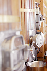 Image showing Beer, brewery and manufacturing with equipment in factory for production, fermentation or storage. Alcohol, industrial and container in distillery in warehouse for drink, pressure machine and process