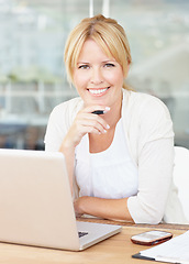 Image showing Portrait, smile and business woman with laptop in office, workplace or company. Computer, happiness and female professional, entrepreneur or person from Australia with confidence and pride in career.