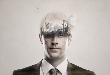 Image showing Man, double exposure portrait and construction with city, ideas and mindset for urban development. Businessman, industry overlay and crane for production, building or manufacturing by gray background