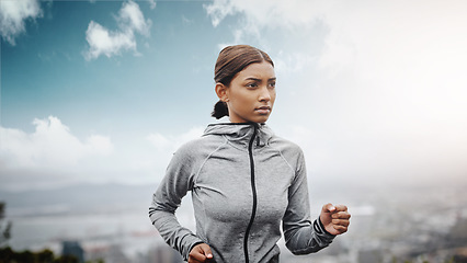 Image showing Fitness, runner and Indian woman with exercise, training and focus for wellness, balance and cardio. Female person, lady and athlete outdoor, run and practice for marathon, energy and workout goal