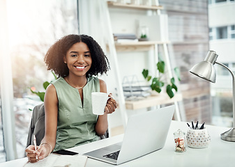 Image showing Portrait, business and black woman with a smile, laptop and connection with a notebook, coffee cup and startup success. Face, female employee and happy entrepreneur with happiness, tea and planning