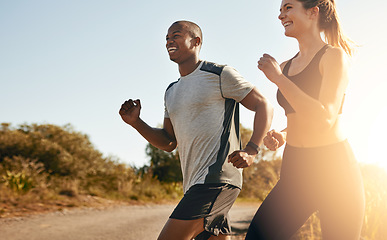 Image showing Smile, running and health with couple in road for workout, cardio performance and summer. Marathon, exercise and teamwork with black man and woman runner in nature for sports, training and race