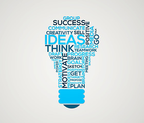 Image showing Lightbulb, seo and business word cloud text in a drawing of success and corporate ideas. Visionary, motivation and company innovation litters and words with isolated white background and no people