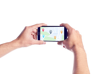 Image showing City, person with hands closeup with smartphone and location of digital map on screen in white background. Technology for landmarks or spots, cellphone with tracking data and in studio backdrop