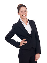 Image showing Business, portrait and happy woman in studio confident, young and empowered on white background. Face, smile and female manager person posing with positivity, proud and professional while isolated