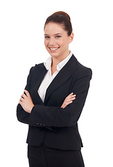 Image showing Portrait, business and woman with arms crossed, smile and employee isolated against white studio background. Face, female consultant and entrepreneur with confidence, professional and career success