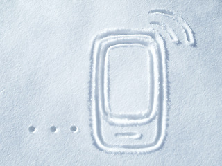 Image showing Illustration, phone and snow drawing with no people and outdoor ground showing digital signal. Communication, mobile screen and internet connection graphic art and sign on floor of snowing and ice