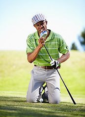 Image showing Sports, golf and black man with anger for loss in game, match and competition on golfing course. Recreation, hobby and upset, angry and mad male athlete on grass for failing, mistake and frustrated