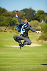 Image showing Man, golf and jump for celebration, excited face or portrait for winning, achievement or goal outdoor. African businessman, golfer and corporate winner at sport pitch with suit, freedom or fitness