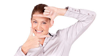 Image showing Hands, portrait and happy woman doing frame gesture or sign for a picture isolated in a white studio background. Smile, photography and female person or employee framing her face with a finger signal