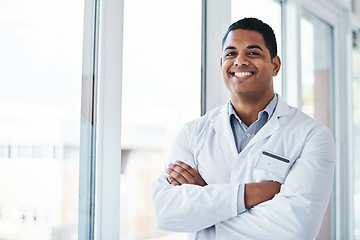 Image showing Happy, arms crossed and science with portrait of man for research, medical and clinic expert. Smile, medicine and healthcare with male technician for laboratory, engineering and industry