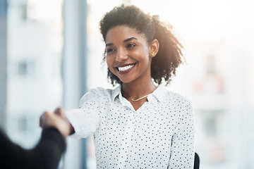 Image showing Business, smile and black woman shaking hands with client for deal, agreement or partnership. Handshake, collaboration and African female professional with opportunity, hiring and welcome to company.