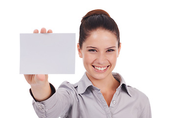 Image showing Mockup, business card and portrait of woman in studio for idea, networking and show. Corporate, signage and happy with female employee and paper on white background for news and presentation