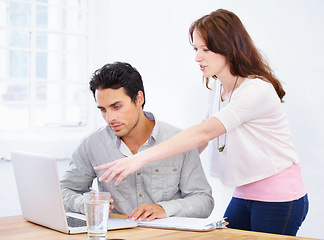 Image showing Computer, advice and business people planning, reading and review for online proposal, teamwork and brainstorming in office. Professional woman and partner or boss on laptop for ideas or web feedback