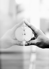 Image showing Hands, apple and reflection in monochrome on glass with a person holding fruit closeup for health, diet or nutrition. Food, creative and art with a healthy snack in the hand of an adult in grayscale